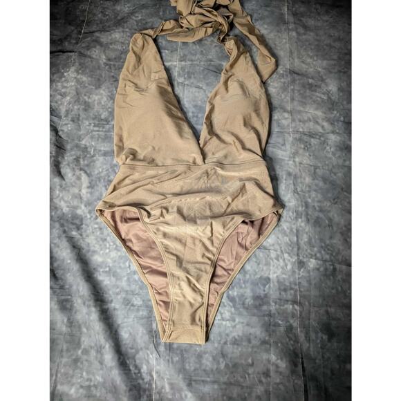 Stylish Swimwear One Piece Nude Swimsuit Size L Open Back Halter - Picture 1 of 9